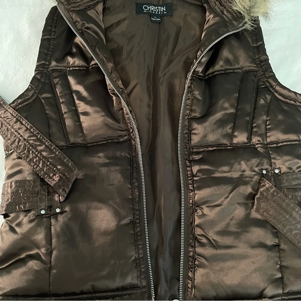 Christin Michaels Girls Vest with Faux Fur Zip Hood and Waist Belt (size: L)